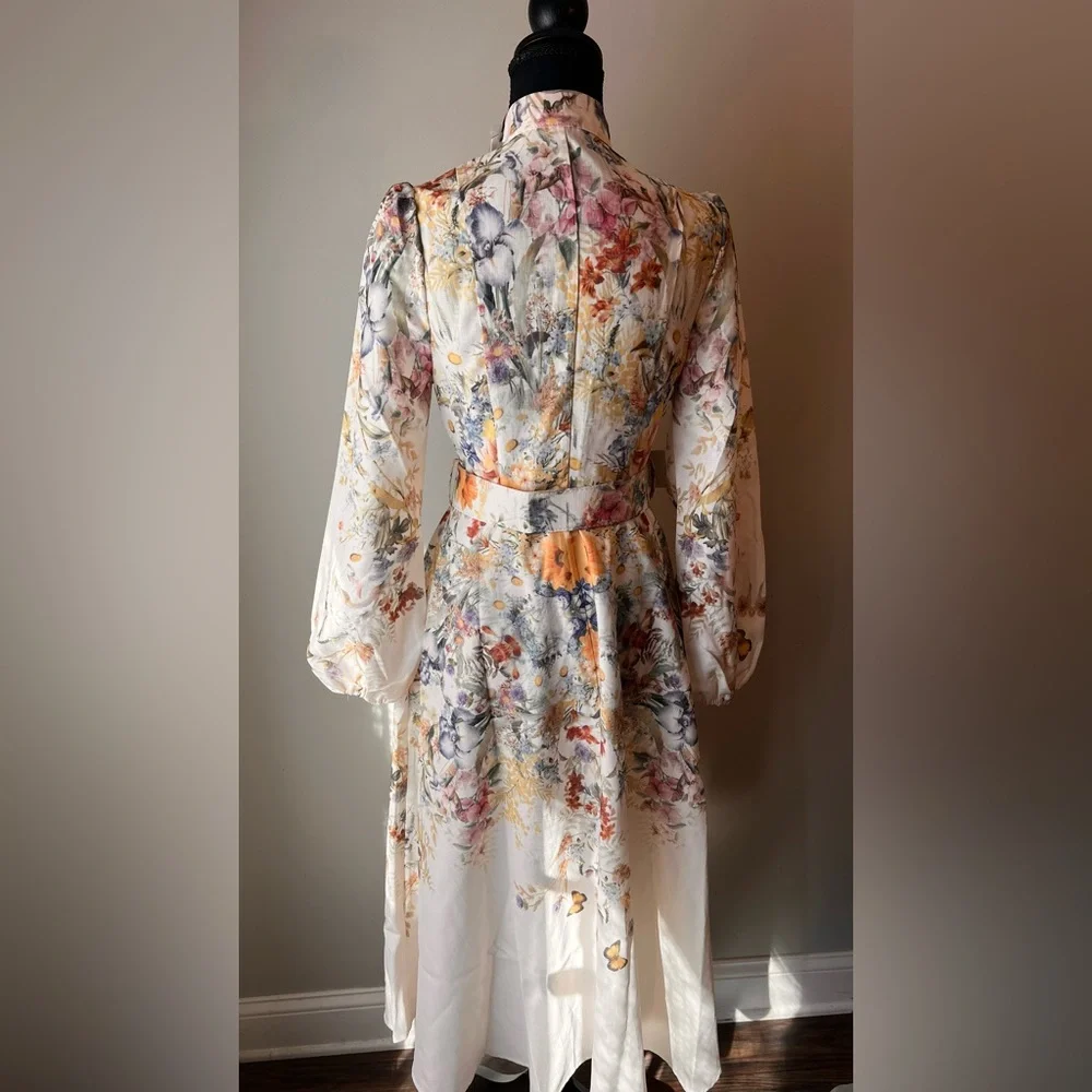 Commense Floral Belted Long Sleeve Midi Dress in Cream, Yellow and Blue - Picture 3 of 8